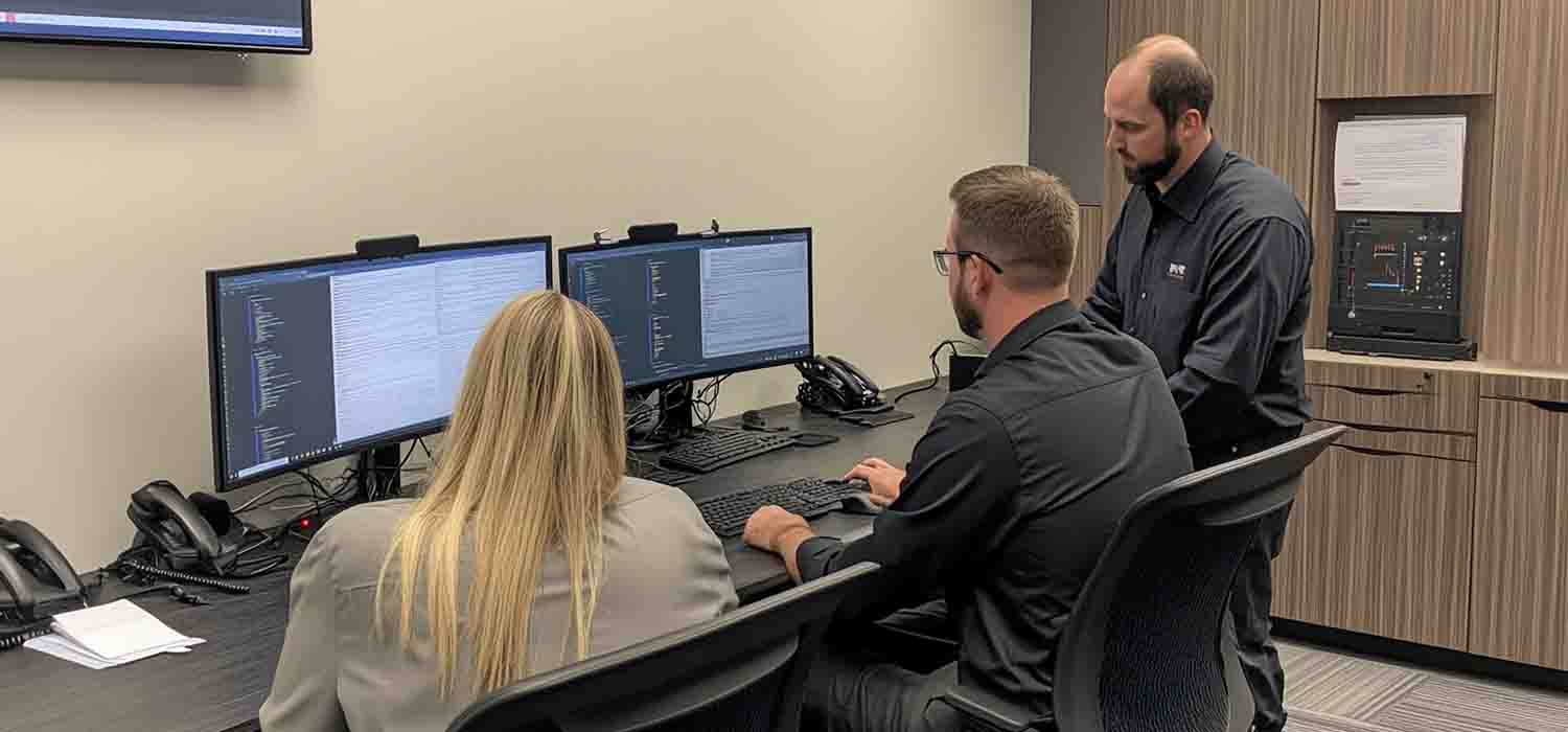 Team receiving user training from a network admin to improve cybersecurity