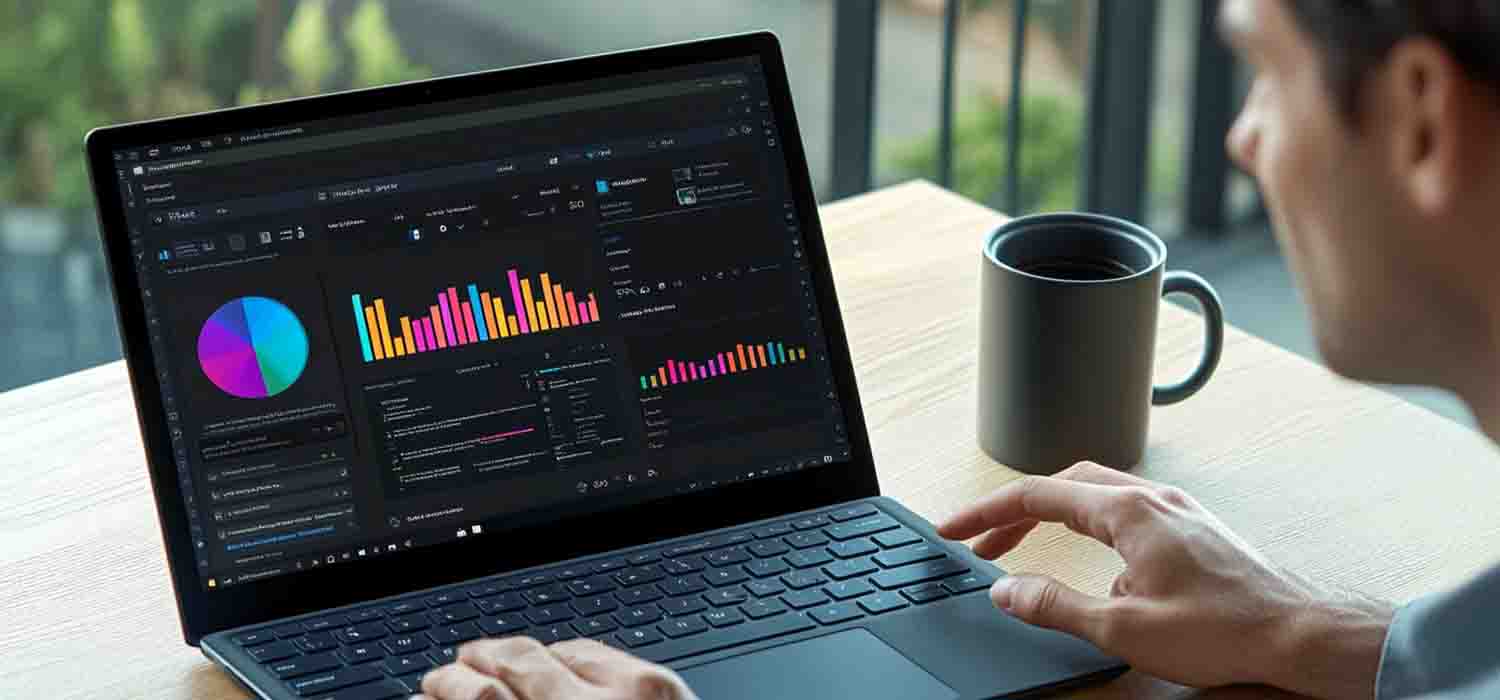 Business owner reviewing Microsoft 365 dashboard on their laptop with a coffee mug beside them, highlighting the shift from stress to streamlined productivity