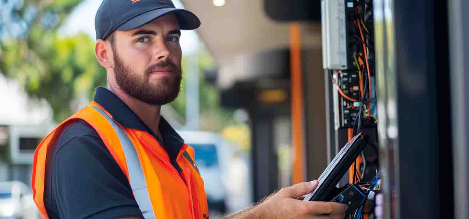 Technician providing on-site technology support to a local business in Queensland