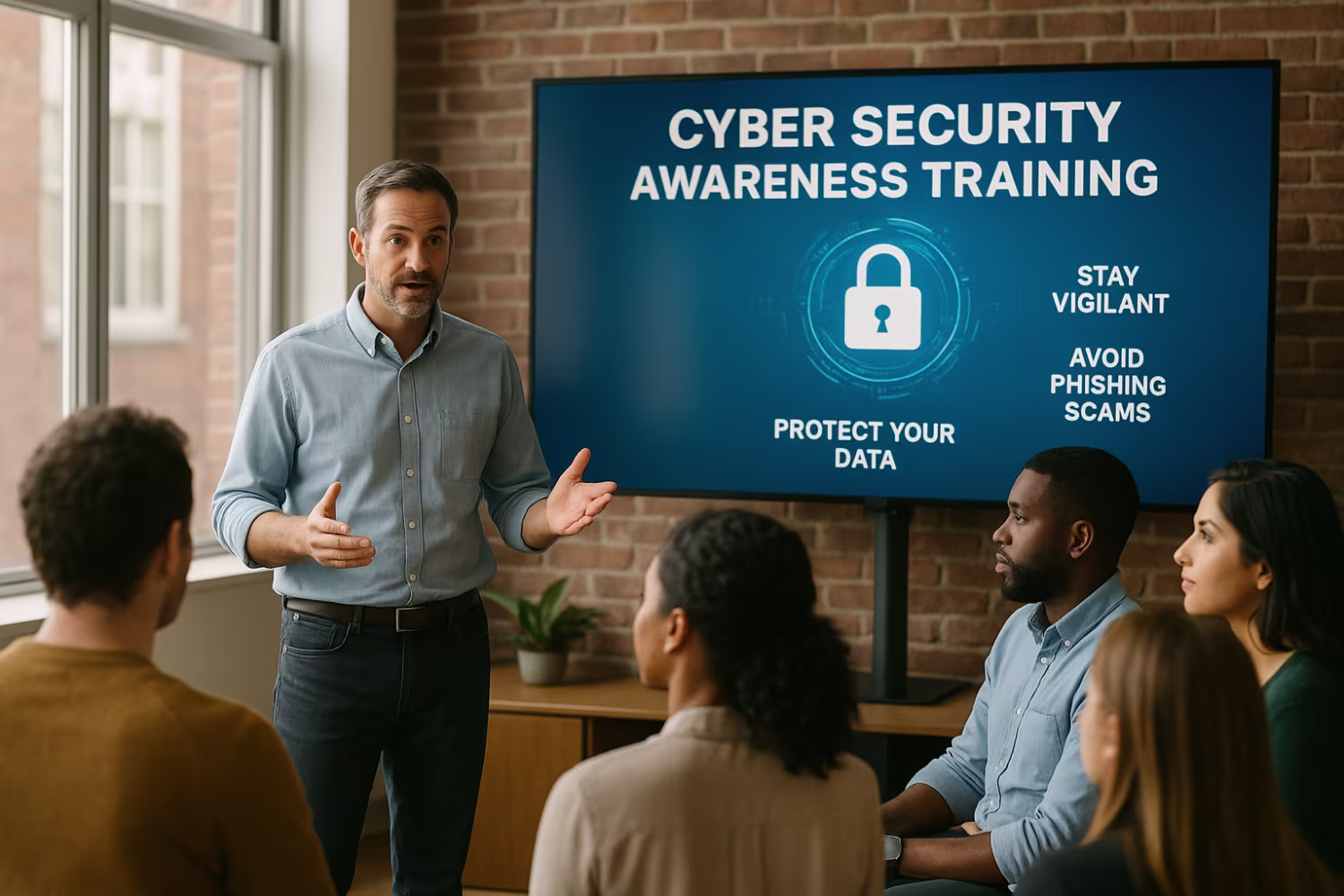Employees at cyber security awareness training