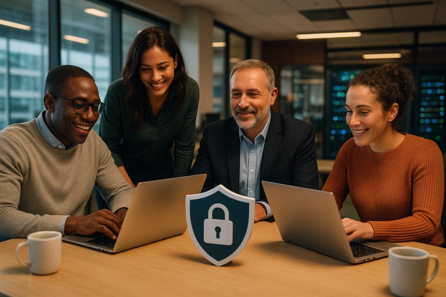 Diverse team collaborating in secure, high-tech office