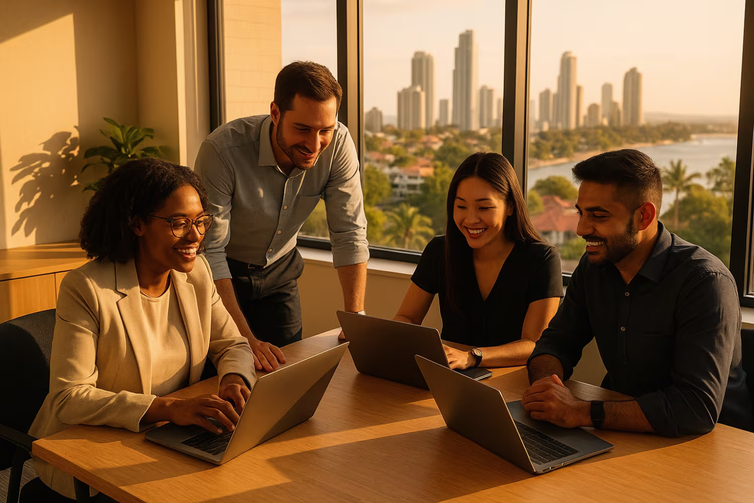 Diverse team collaborating in sunlit, secure access service edge office